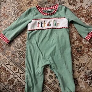 Charming Green Kids Footie with Red Checkered Trim